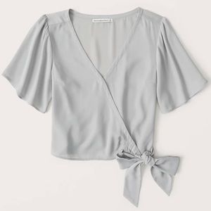 Blue-Gray faux silk wrap top